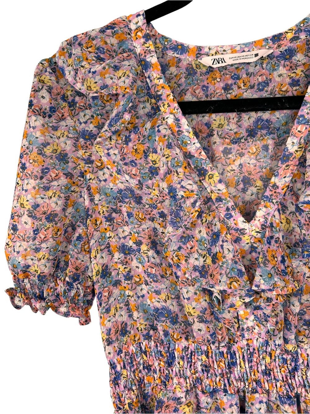 Zara Floral Ruffle V-Neck Mini Dress, XS tiered skirt smocked Pretty Western - Picture 4 of 14